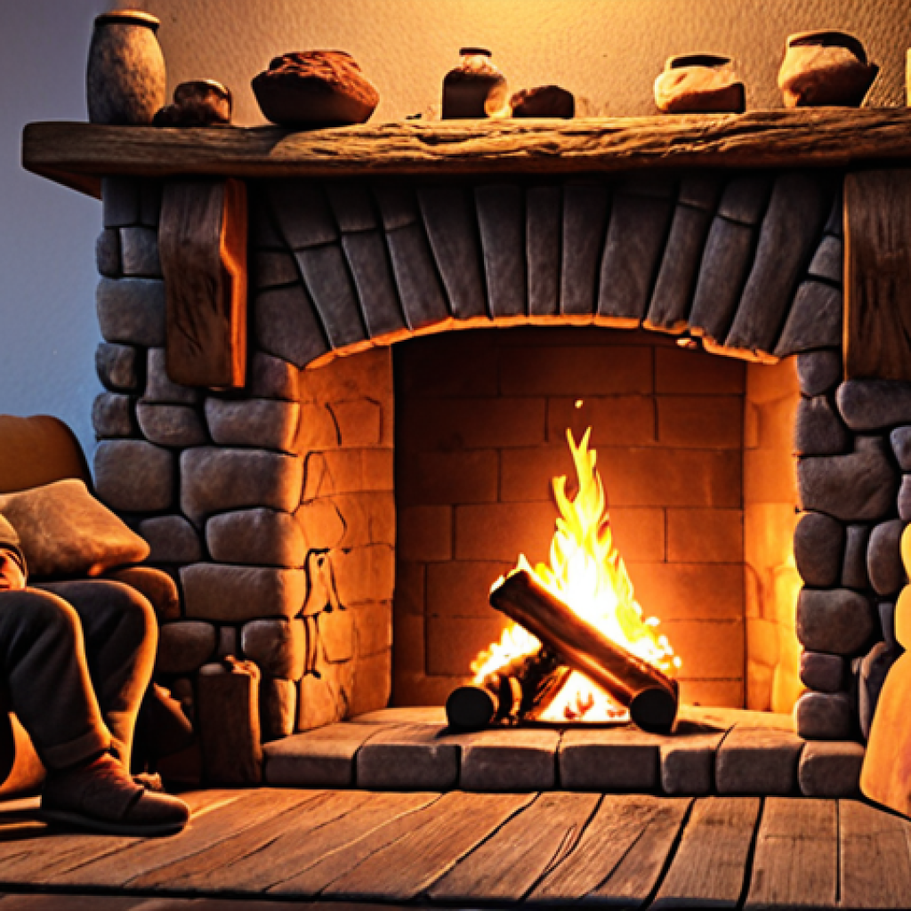 **Cozy Fireplace Scene:** A warmly lit scene of primitive people gathered around a crackling fire in the evening. Focus on the feelings of community, warmth, and safety the fire provides. Think warm colors and simple, rustic settings.