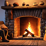 **Cozy Fireplace Scene:** A warmly lit scene of primitive people gathered around a crackling fire in the evening. Focus on the feelings of community, warmth, and safety the fire provides. Think warm colors and simple, rustic settings.