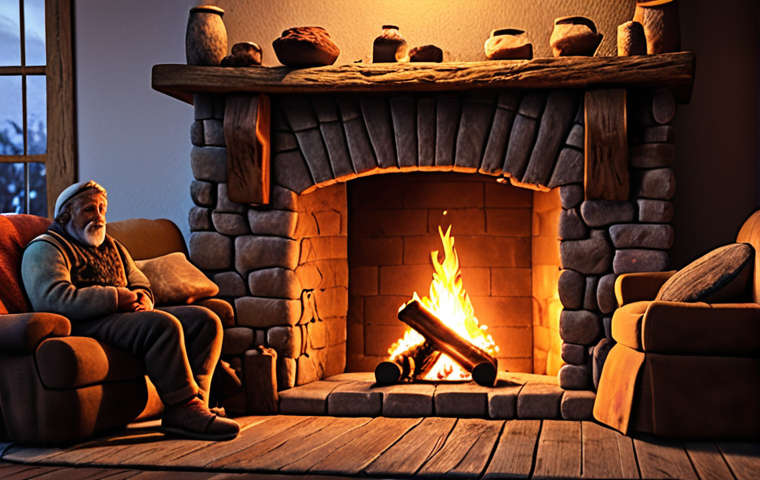 **Cozy Fireplace Scene:** A warmly lit scene of primitive people gathered around a crackling fire in the evening. Focus on the feelings of community, warmth, and safety the fire provides. Think warm colors and simple, rustic settings.